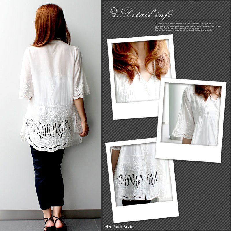 縦ステッチ 花柄刺繍 シャツワンピース