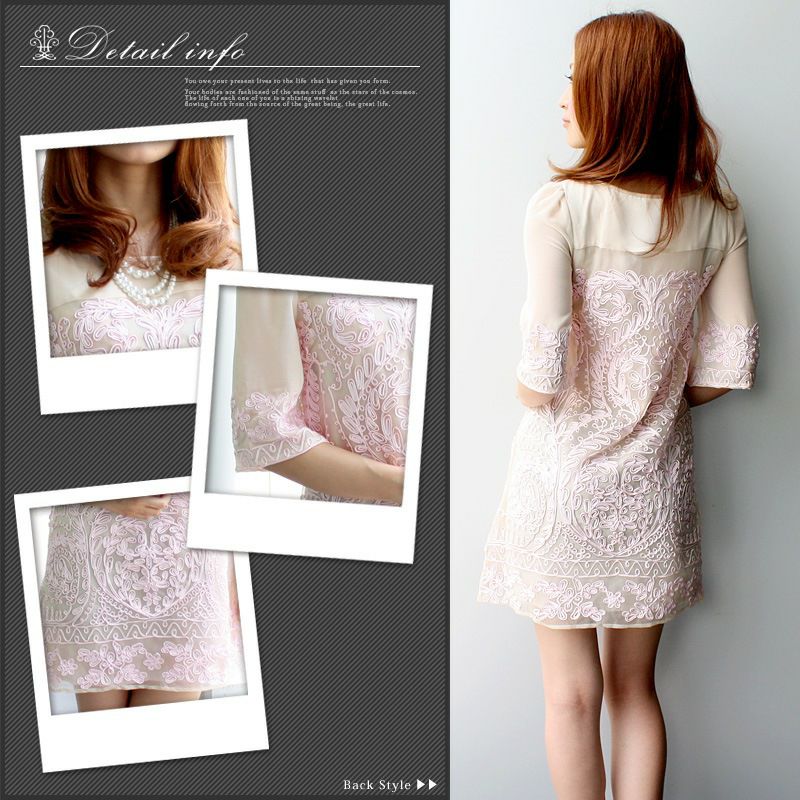 シフォン 花柄刺繍 ワンピースドレス