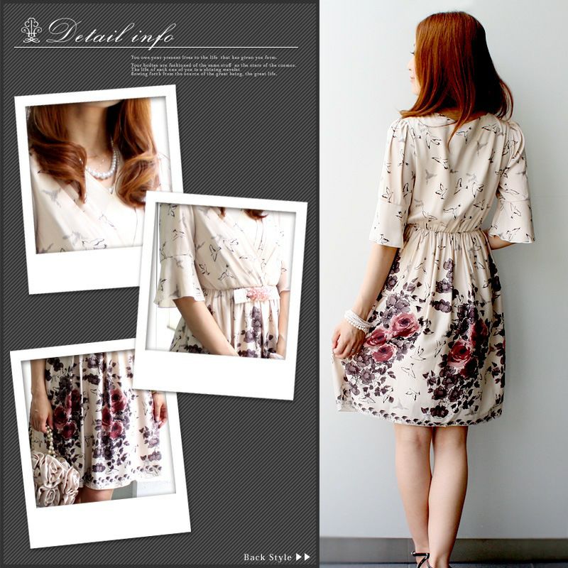 花柄プリント ビジュー ワンピースドレス ライトベージュ