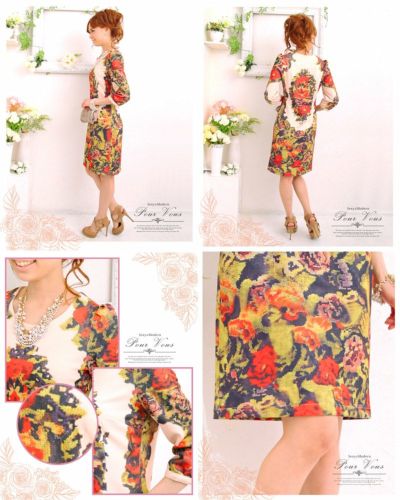 花柄プリント Aライン 七分丈 ドレスワンピース