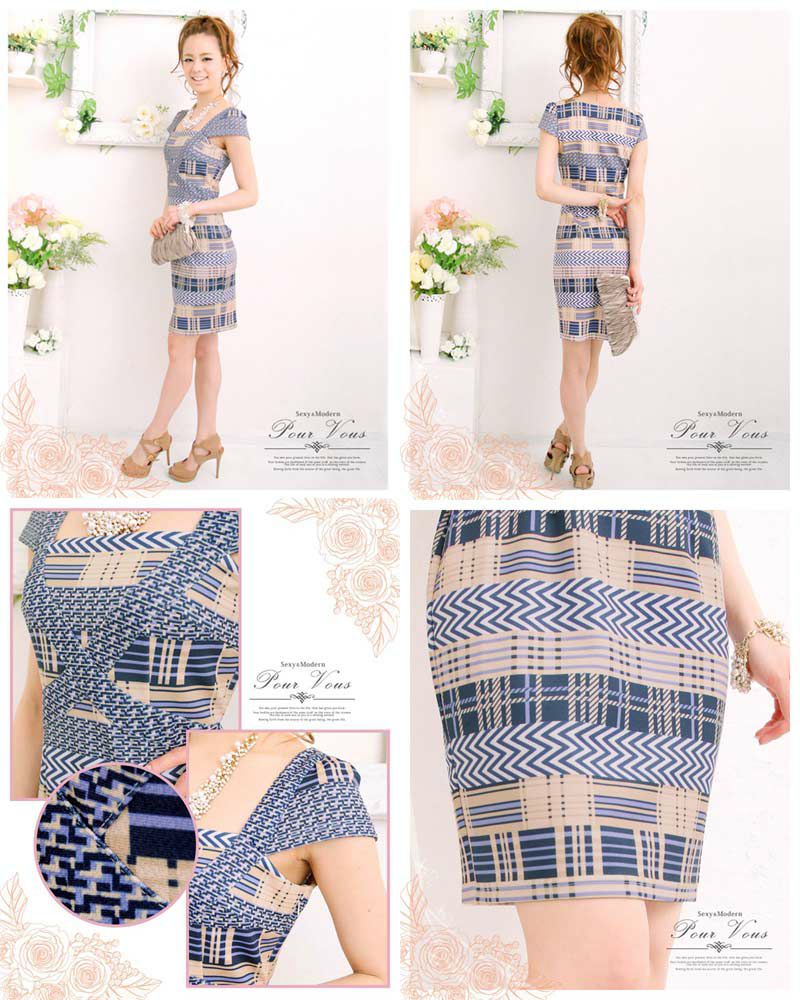 幾何学模様 ストレッチ素材 ひざ丈ワンピース