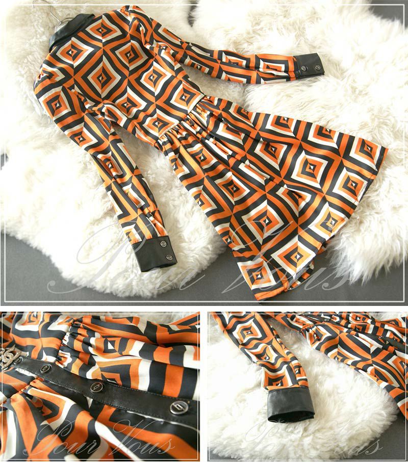 幾何学柄 サテン地 ワンピース