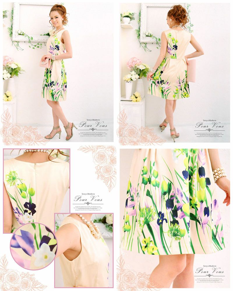 フラワープリント サテン地 スクエアカット ワンピース