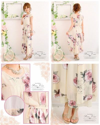 ドレープ 薔薇プリント ワンピース