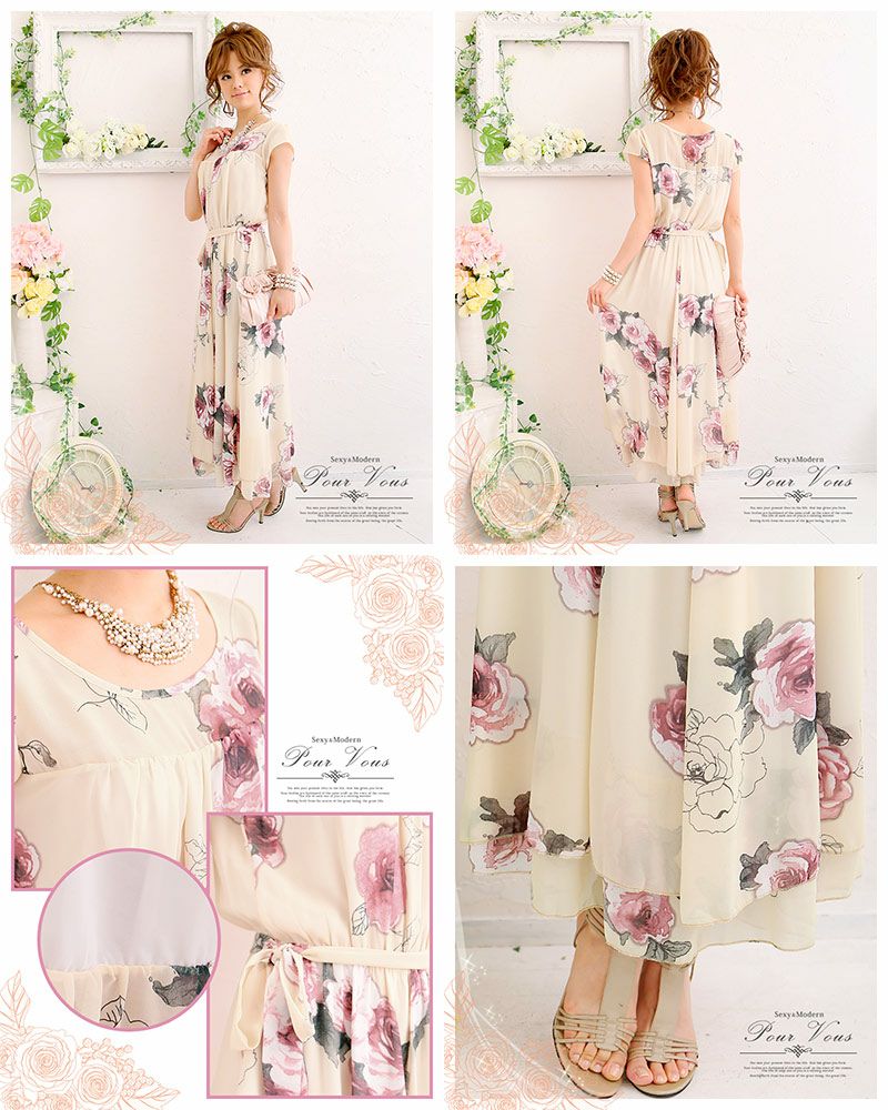 ドレープ 薔薇プリント ワンピース