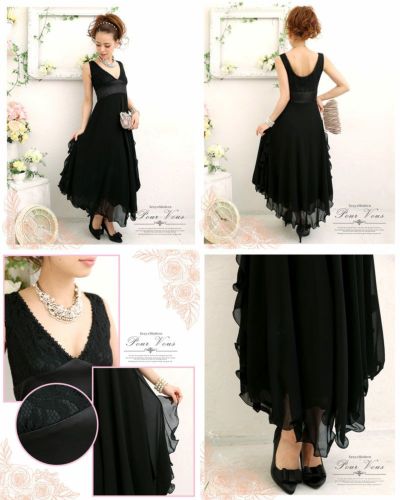 レース シフォン生地 フリル ロングドレス