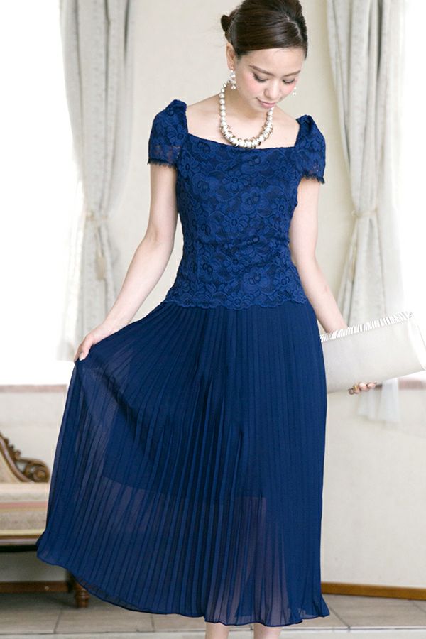 新品♡プールヴー　レース&プリーツロングドレス　ネイビー　L 楽天市場】【40%OFF 7/26 14:00まで】レース＆プリーツ ロング