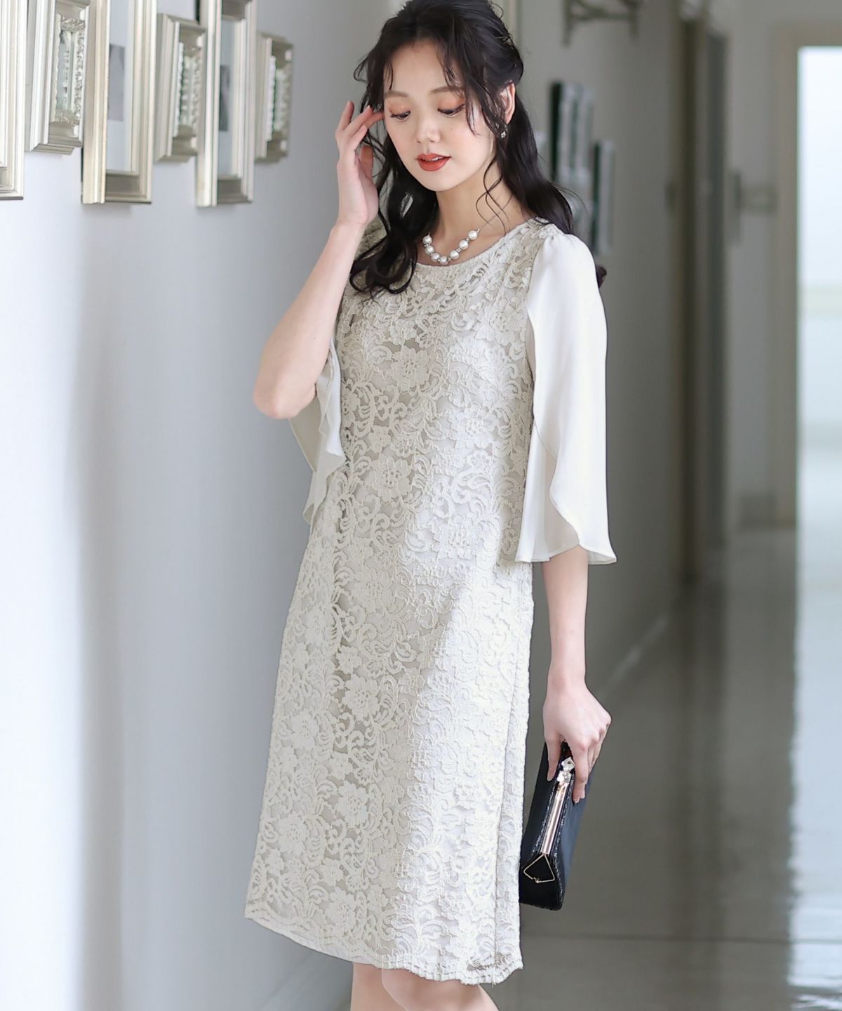 新品タグ付 プールヴー 結婚式ワンピース7分袖とミニ丈チューリップスリーブ ３Ｌ プールヴー PourVous ミニ丈&七分袖フォーマルレーススリーブ