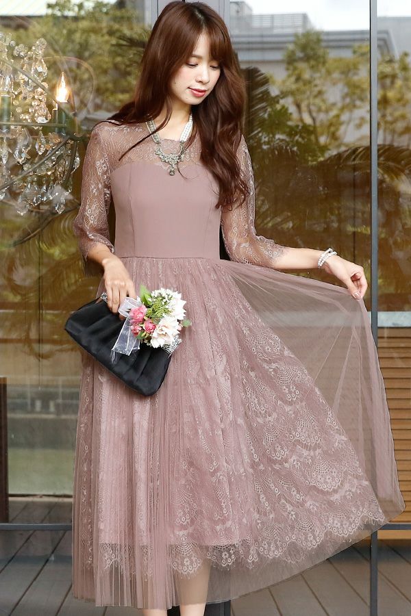 レース＆プリーツレイヤードドレス