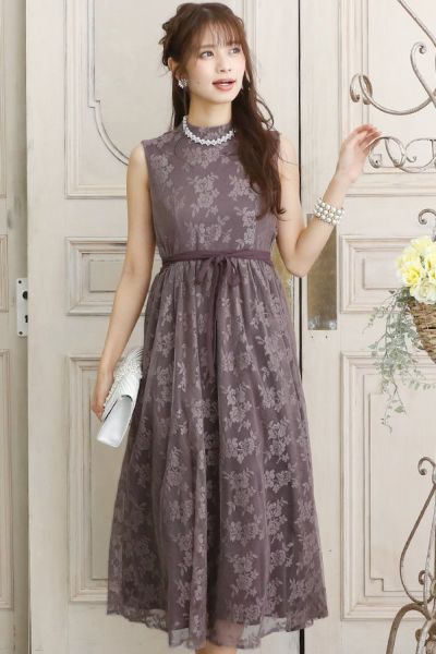 スタンドネックレースワンピース