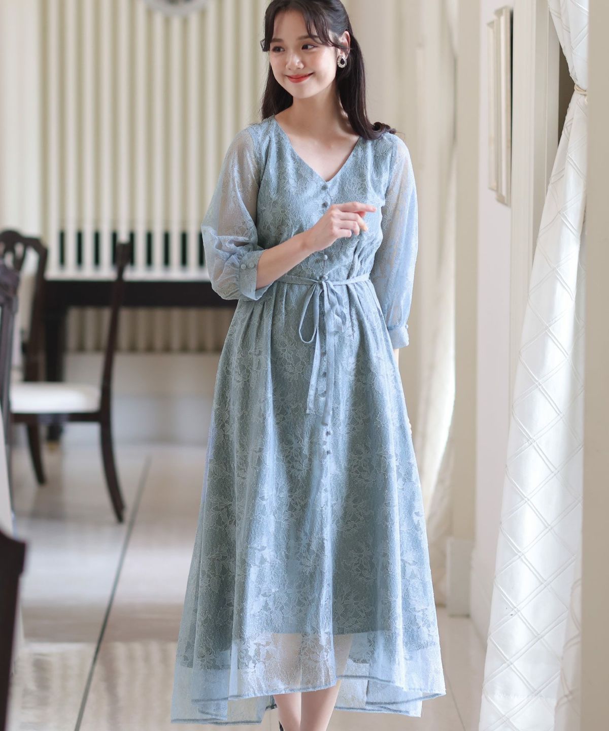POUR VOUS ウエストタックレースドレス M 結婚式 楽天市場】レーススリーブ ミモレ丈 ワンピース 結婚式