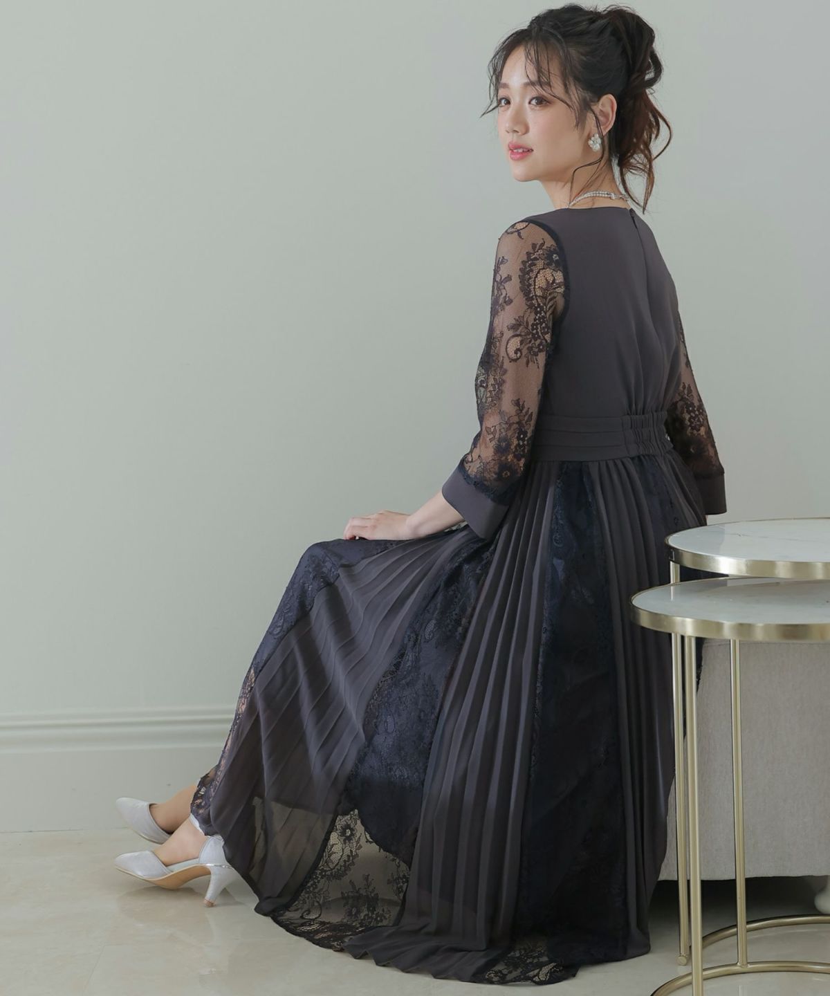 レース＆プリーツフレアワンピース｜PourVous