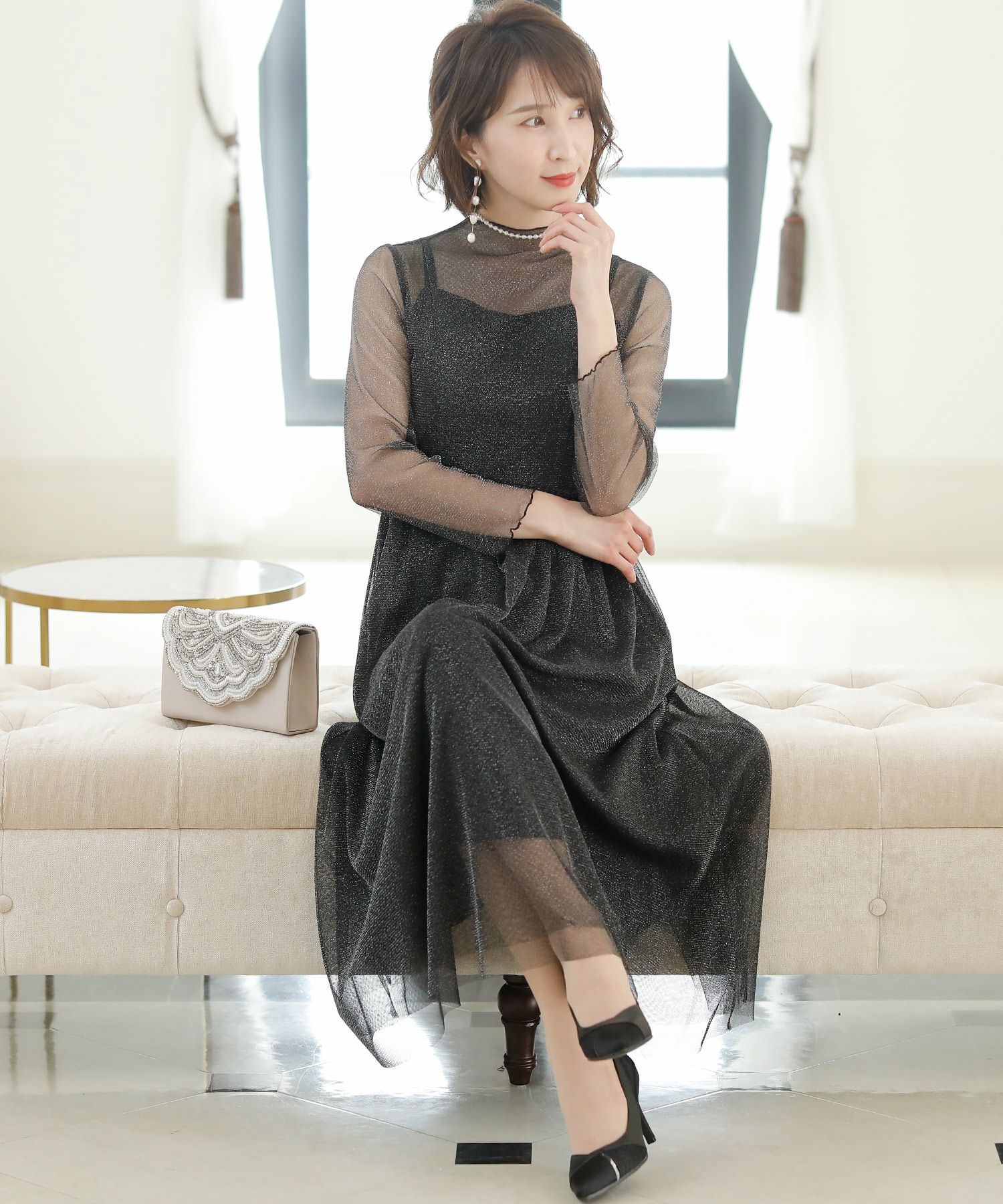 ラメチュールハートネックワンピース｜PourVous