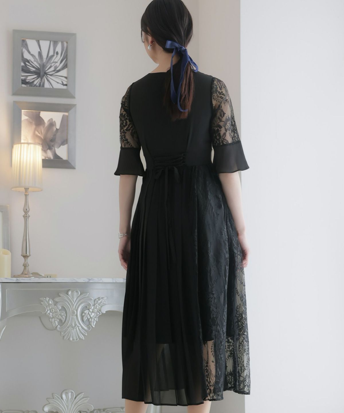 アシンメトリープリーツ＆レースドレスPourVous