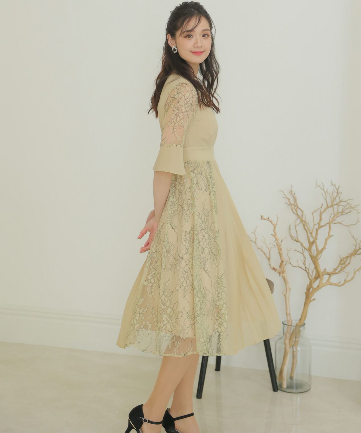 アシンメトリープリーツ＆レースドレスPourVous
