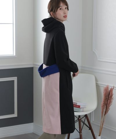 配色ブロックロングコート