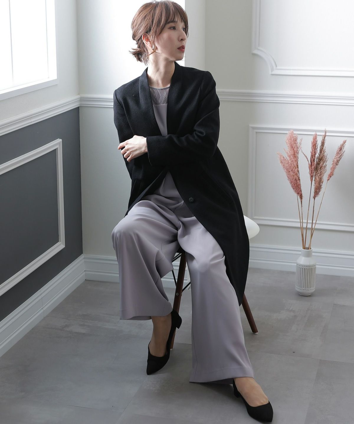 ノーカラーウールコート