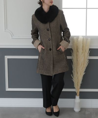 ファー襟格子柄ウールコート