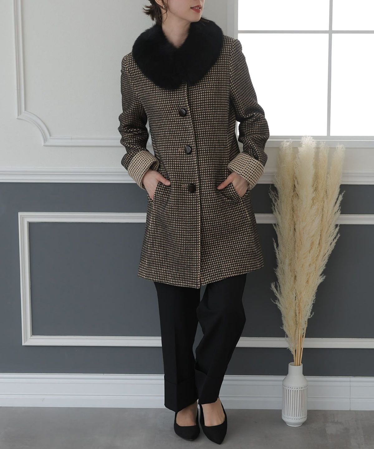 ファー襟格子柄ウールコート