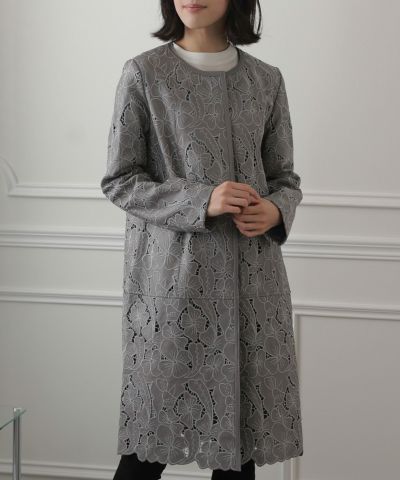 レザーレースノーカラーコート