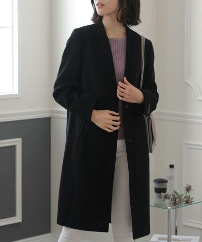 ノーカラーシンプルウールコート