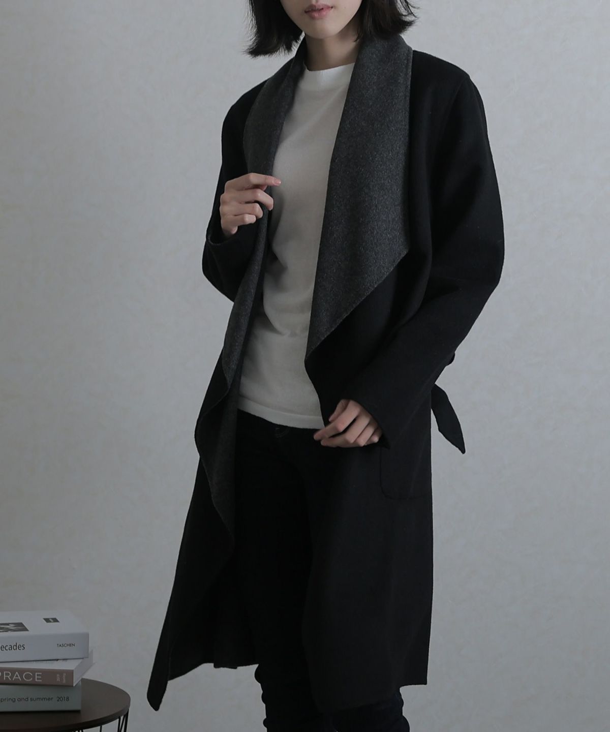 ショール風ビッグカラーウールガウンコート