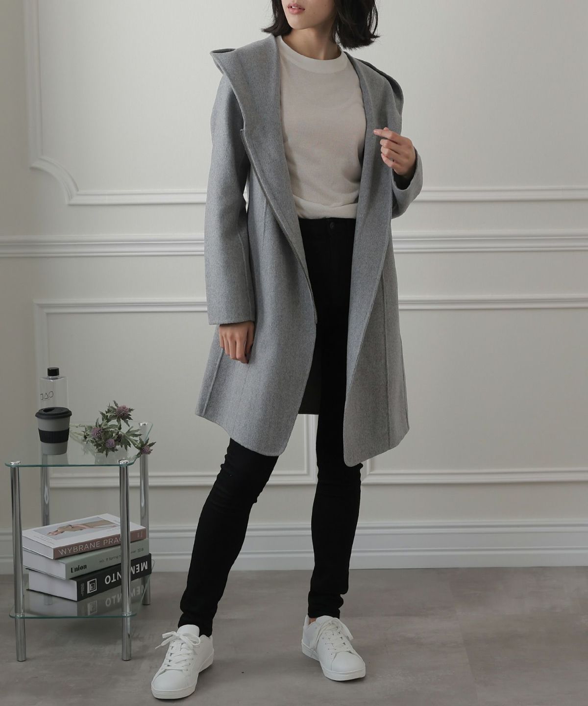 フード付きウールミディアムコート