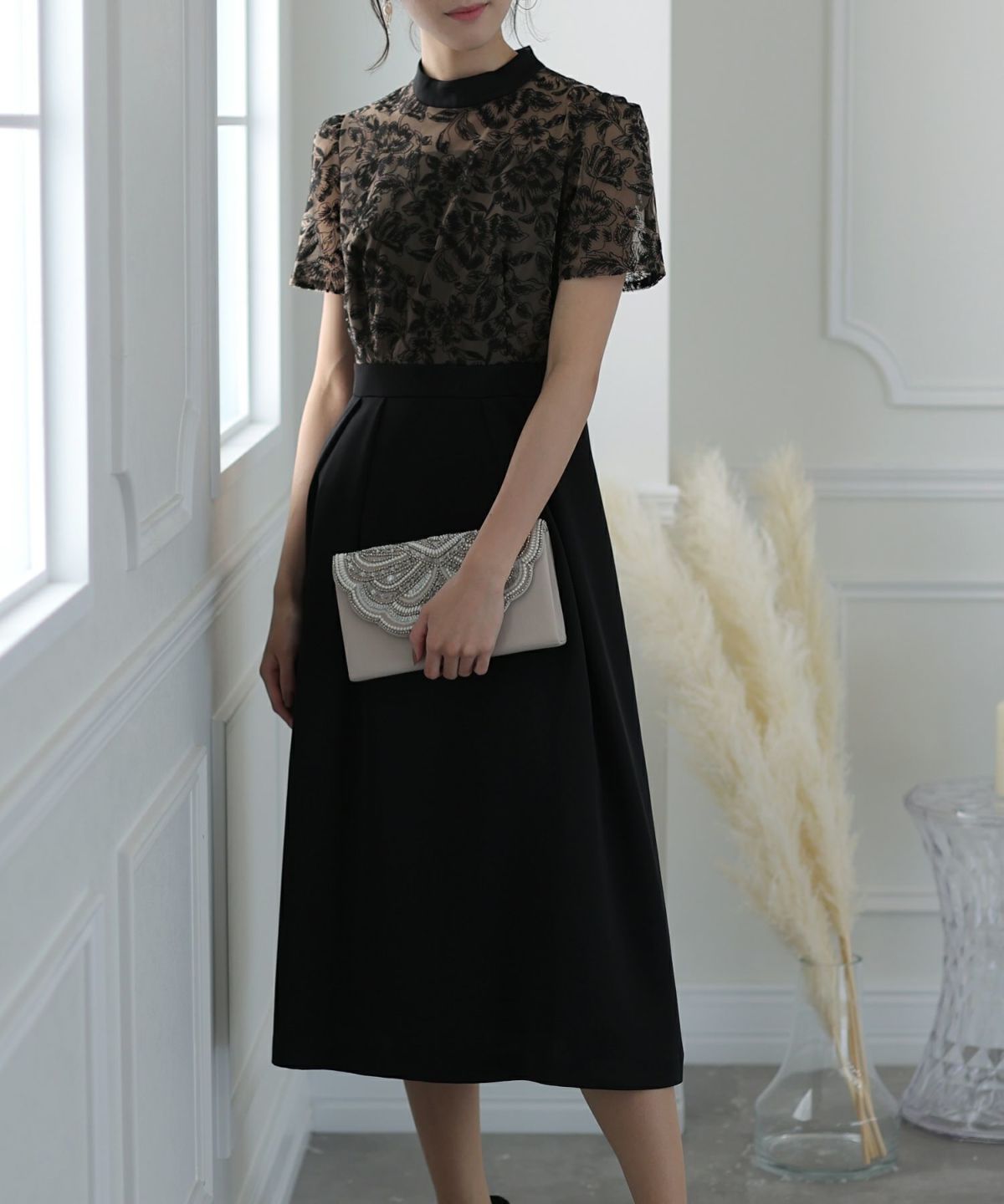 刺繍チュール切り替えワンピース