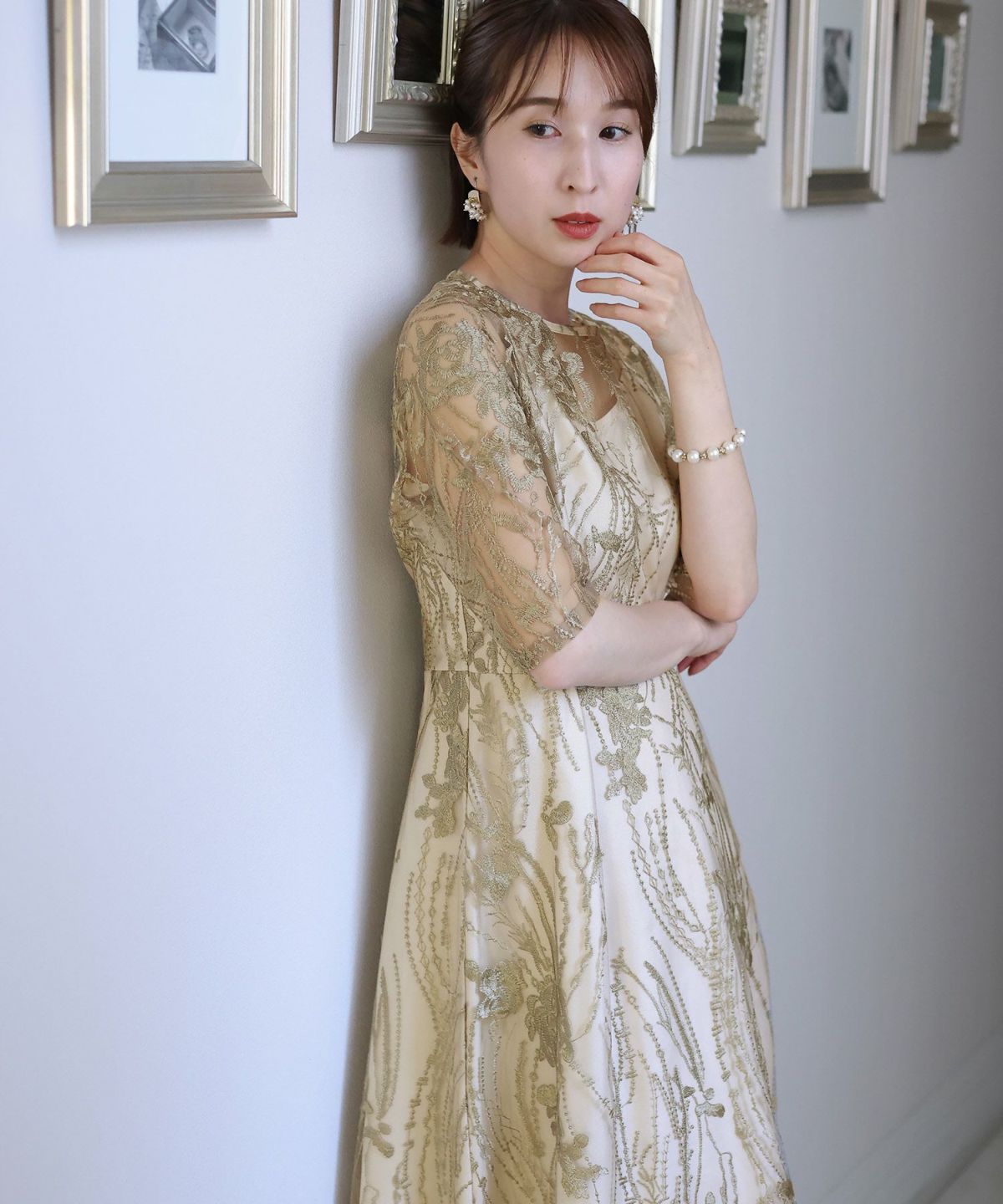 ボタニカル 刺繍レース シアー ワンピース 花柄 ミドル ドレス ボタニカル刺繍レースシアードレス｜PourVous