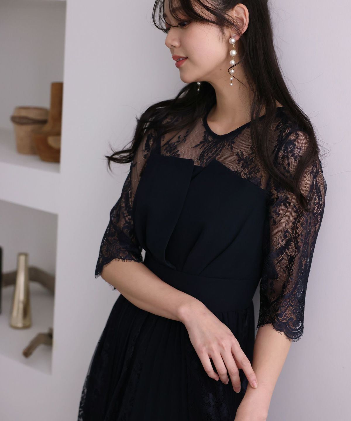 POURVOUS プールヴー　パーティードレス　ワンピース　レース　プリーツ　L プリーツ×レースワンピース｜PourVous