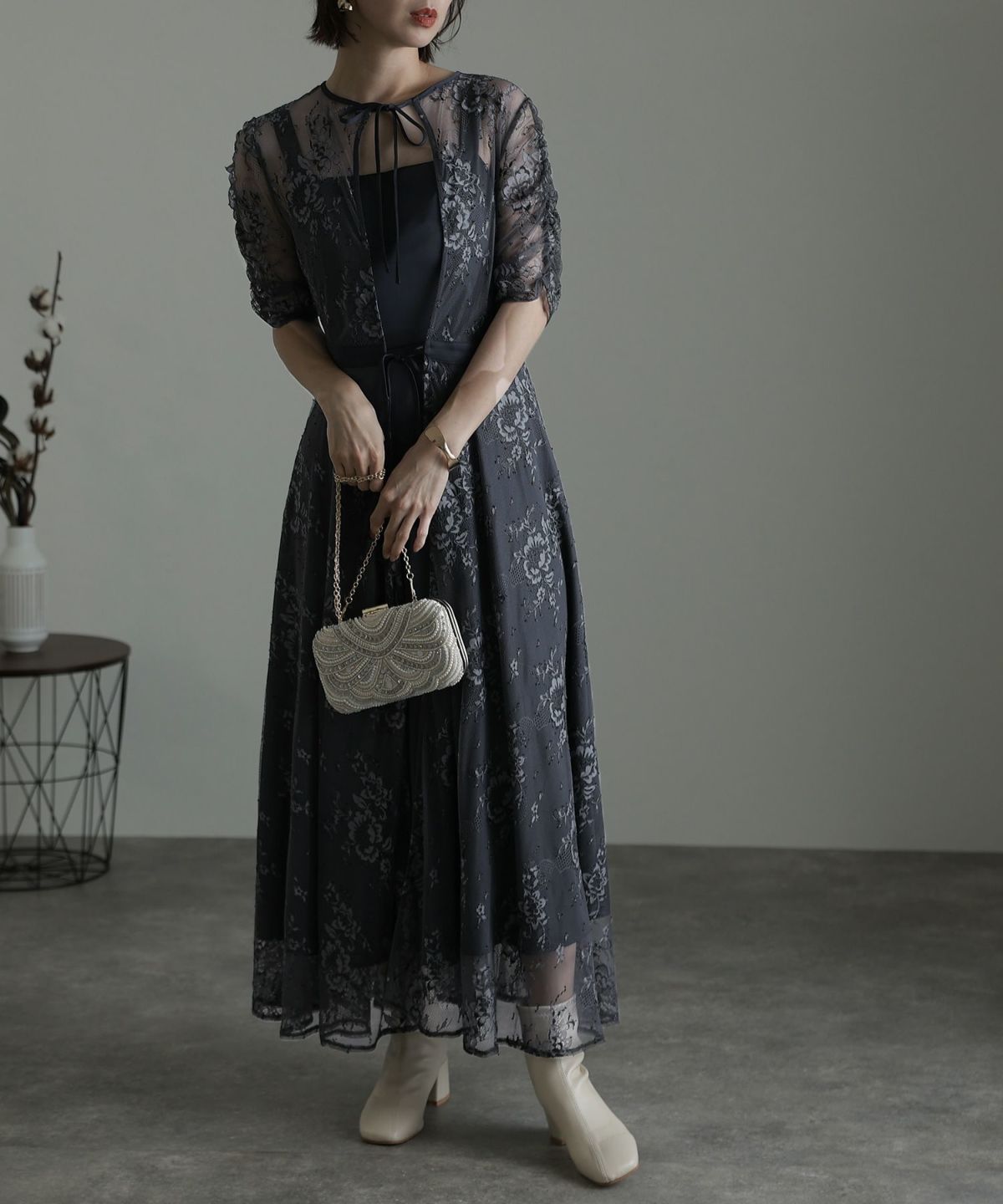 ギャザースリーブウエスト切替バックリボンワンピース