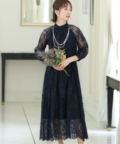 【PourVous】フロントカットデザイン総レースワンピース 結婚式やパーティーで活躍するオケージョンドレス｜《公式