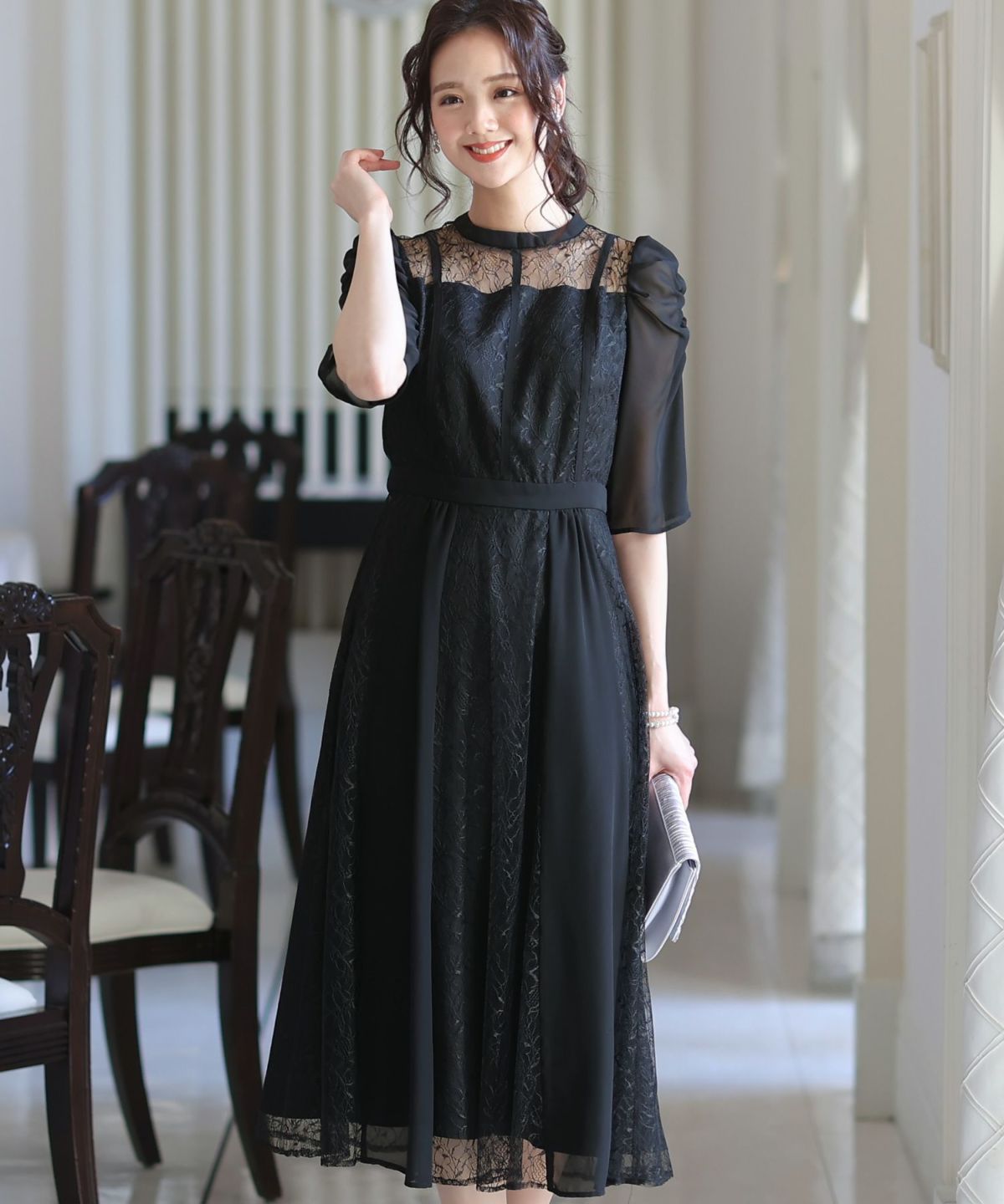 POUR VOUS★プールヴー　ギャザースリーブレースワンピース　ドレス　結婚式 ギャザースリーブレーシーワンピース｜PourVous
