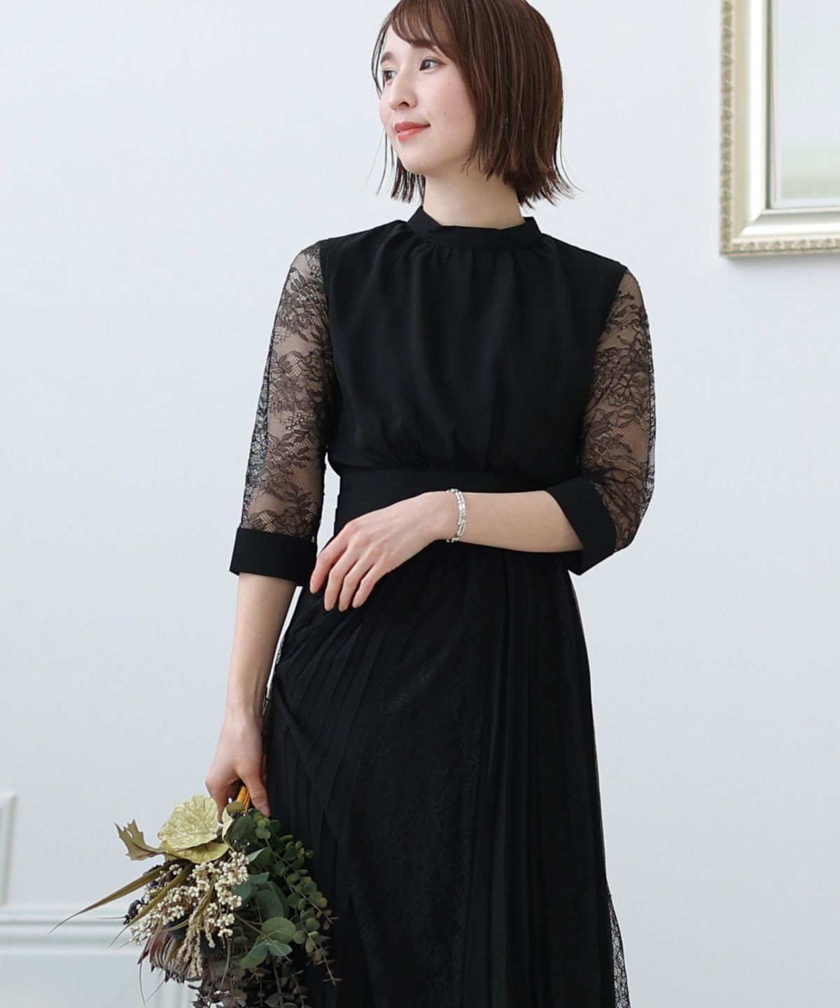 シフォン　プチハイネック　ワンピース プチハイネックシフォンプリーツレース切り替えワンピース