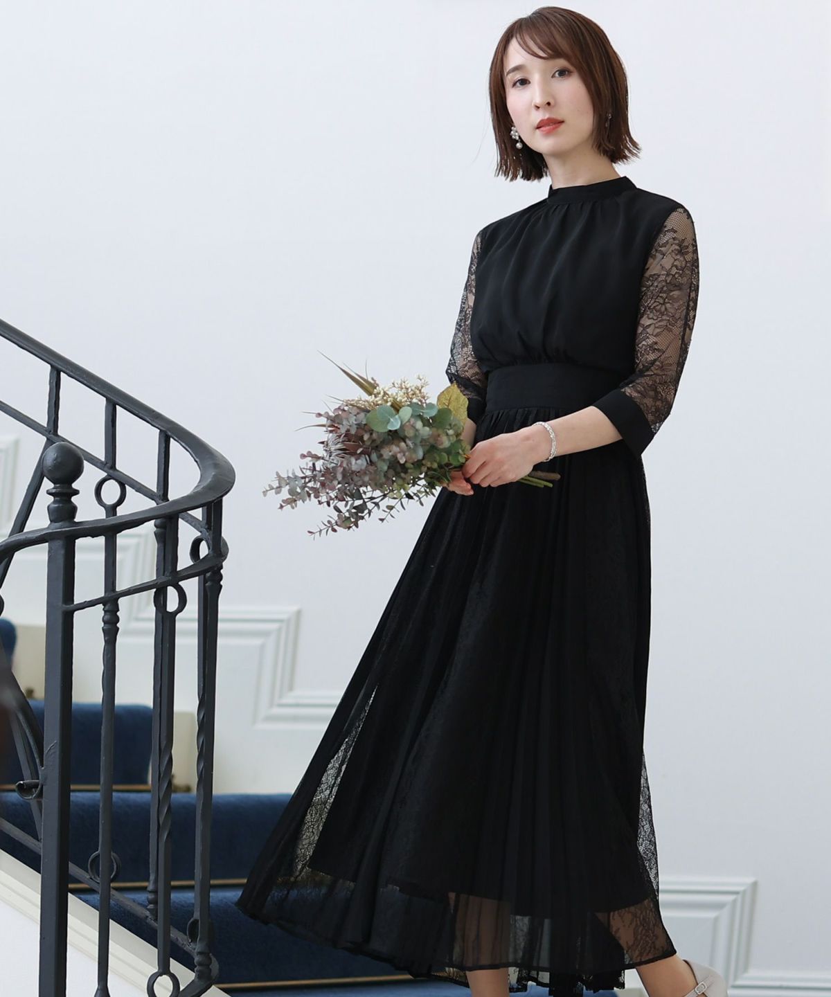 シフォン　プチハイネック　ワンピース プチハイネックシフォンプリーツレース切り替えワンピース