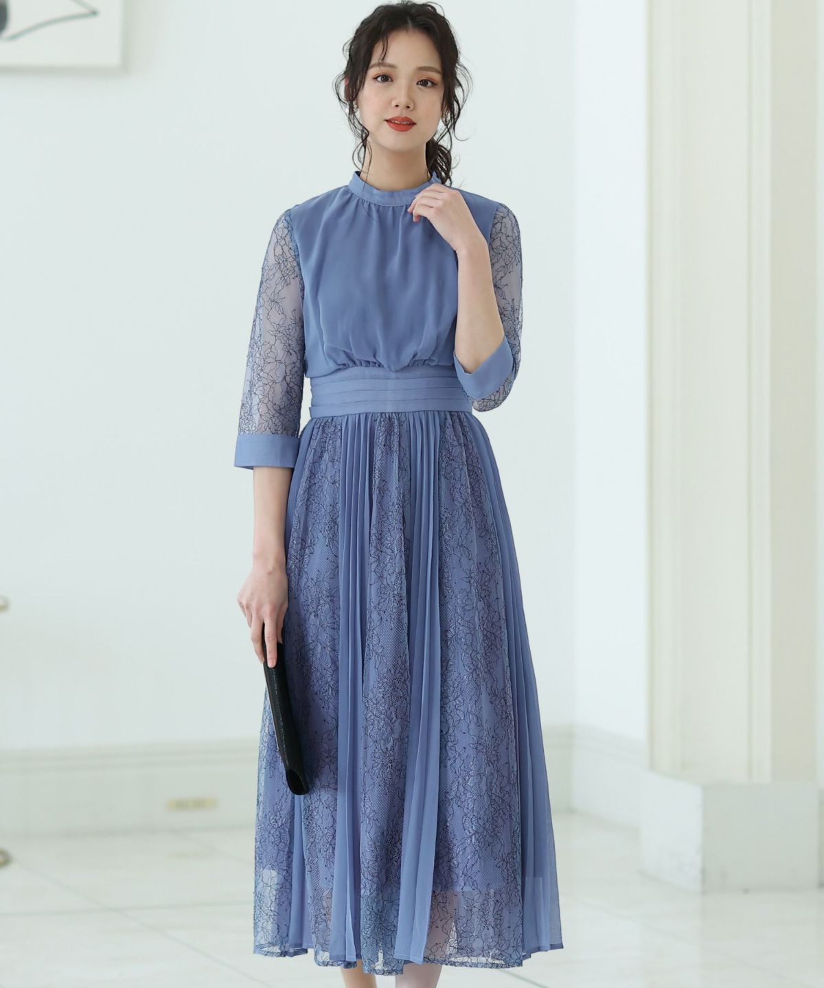 プチハイネックシフォンプリーツレース切り替えワンピース