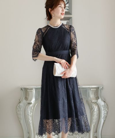 【PourVous】フロントカットデザイン総レースワンピース 結婚式やパーティーで活躍するオケージョンドレス｜《公式