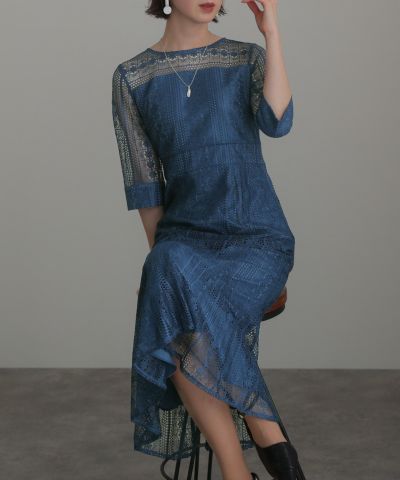 バックリボン付き総レースマーメイドワンピース