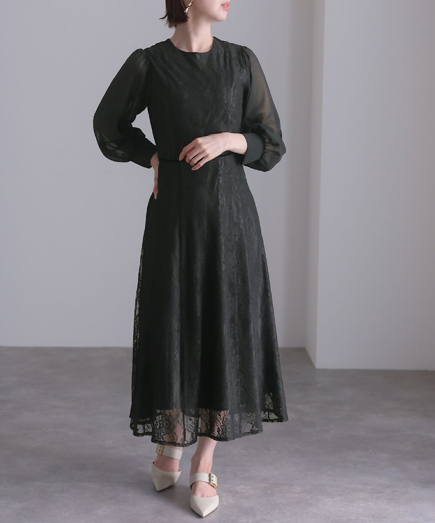 レース×シフォンベロアリボンワンピース 