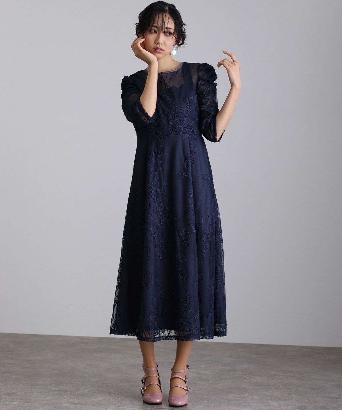 チュールレイヤードフラワー刺繍ドレス 黒 9号 総刺繍 シアー チュールレイヤードフラワー刺繍ドレス 黒 9号 総刺繍 シアー チュール