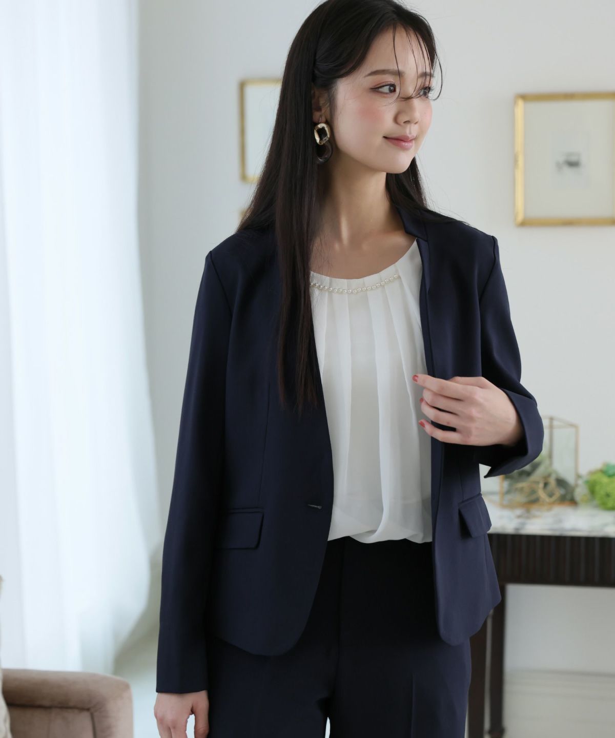 PLST【美品】ベージュ ストレッチ ノーカラー ジャケット パンツ