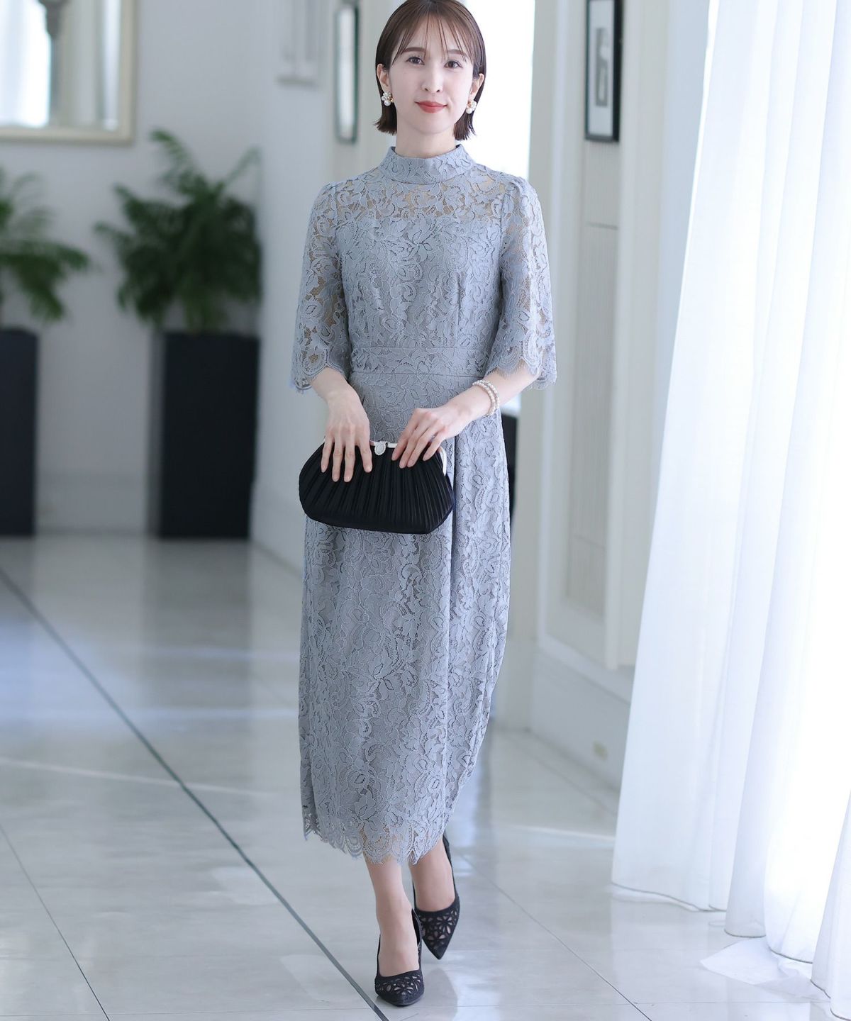 極美品！Pour Vous　ロングフレアプリーツワンピース　M　袖レース　紺 極美品！Pour Vous ロングフレアプリーツワンピース M 袖