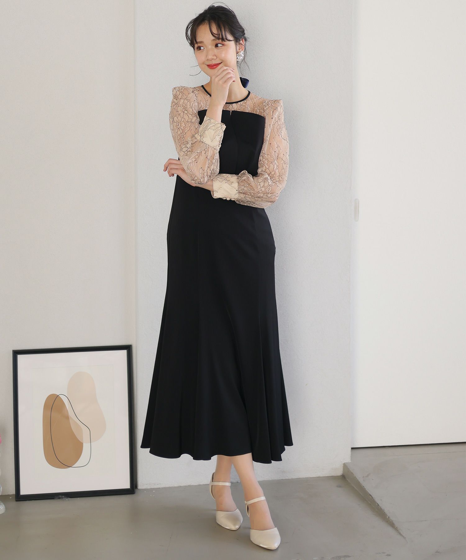 レース×サテンビスチェ風マーメイドワンピース 