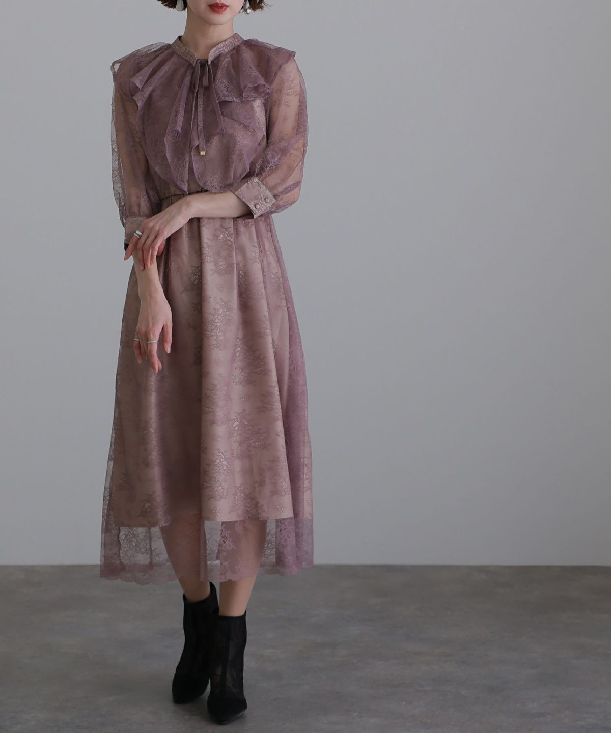 レースボレロセットアップワンピース alto by POUR VOUS 襟付き総レース2wayドレス｜PourVous