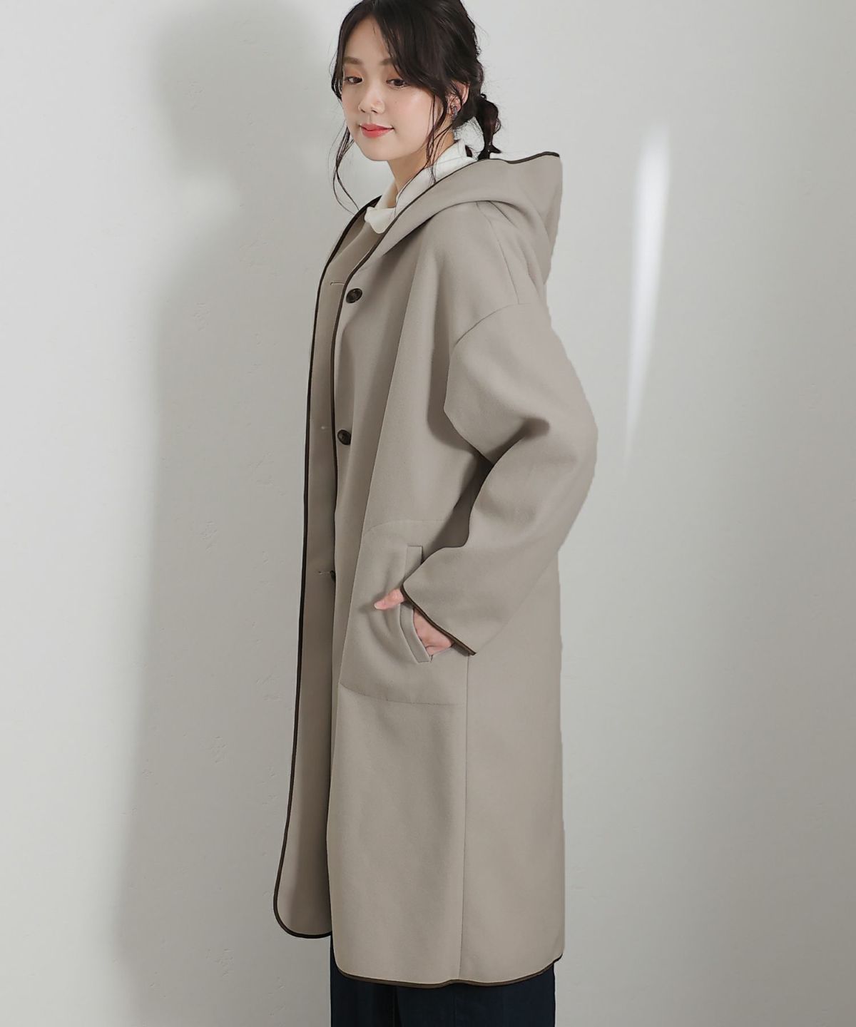 フェイクウールフード付コート｜PourVous