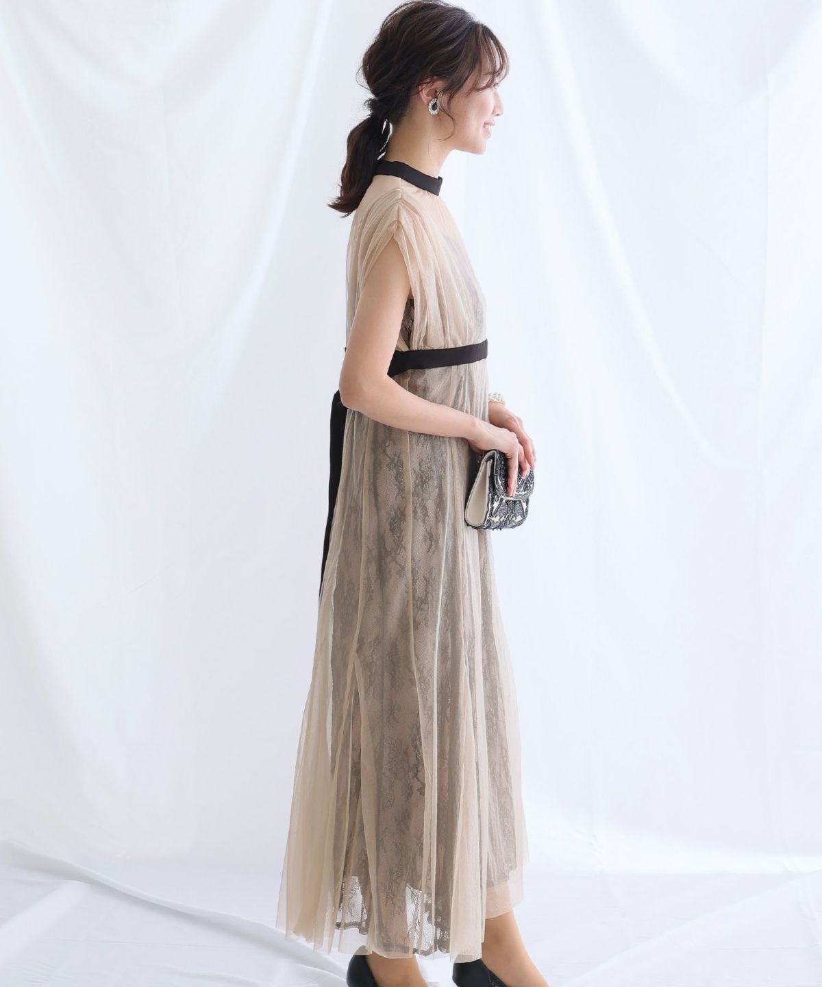 【新品】結婚式 お呼ばれ フラワーレースラメチュールウエストリボンワンピース フラワーレース×ラメチュールウエストリボンワンピース