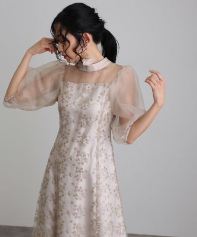 【新品】結婚式 お呼ばれ シャイニーチュールパフスリーブドレス パーティードレス PourVous｜チュールパフスリーブ結婚式パーティードレスお呼ばれ