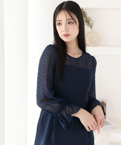 新品　POURVOUS ドットチュールロング&ノースリーブワンピース　ドレス　紺 ワンピース | PourVous（プールヴー）パーティードレス専門店