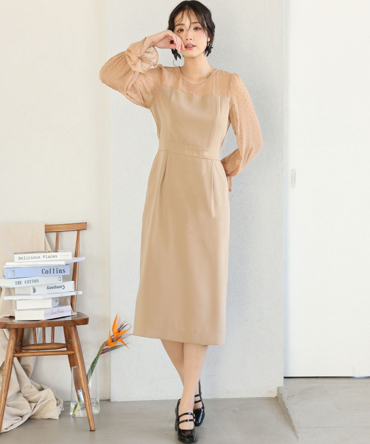 CORCOVADO チュールレースフロッキードットマキシワンピース ベージュ