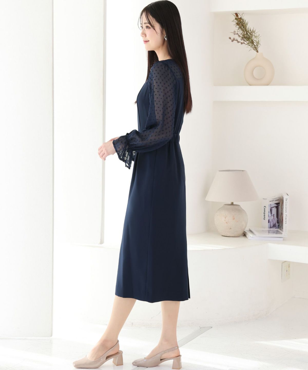 新品　POURVOUS ドットチュールロング&ノースリーブワンピース　ドレス　紺 新品 POURVOUS ドットチュールロング&ノースリーブワンピース